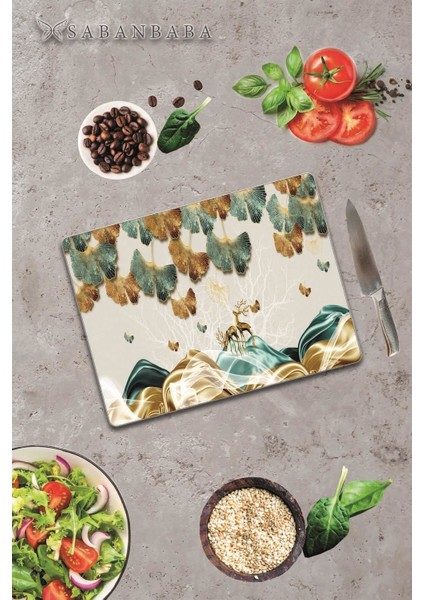 Altın Geyikler & Yapraklar Cam Kesme Tahtası 30 x 40 cm modelleri