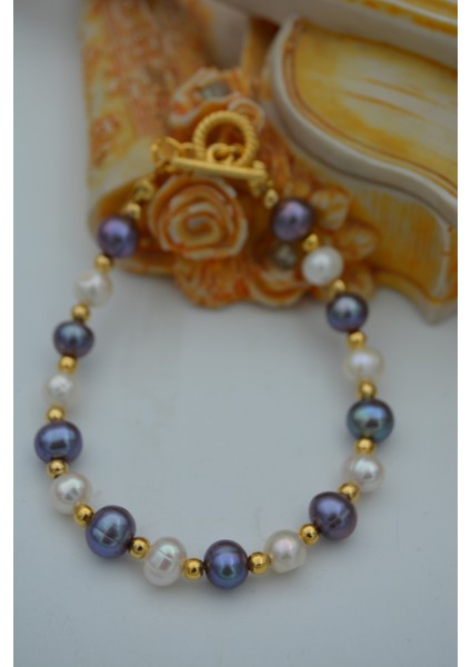 Jewellery Beyaz ve Siyah Inci Doğal Taşlı Bilek