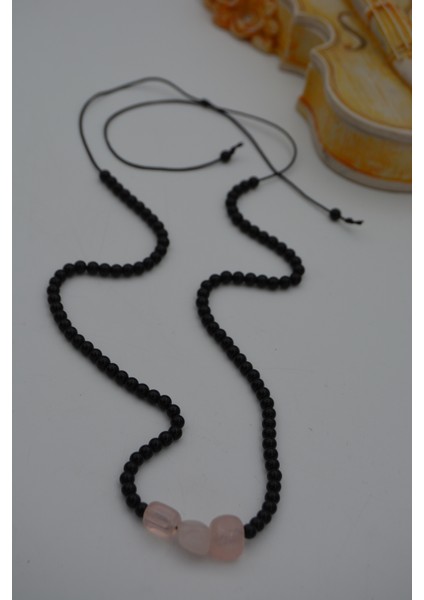 Jewellery Pembe Kuvars ve Oniks Taşlı Metalsiz Kolye
