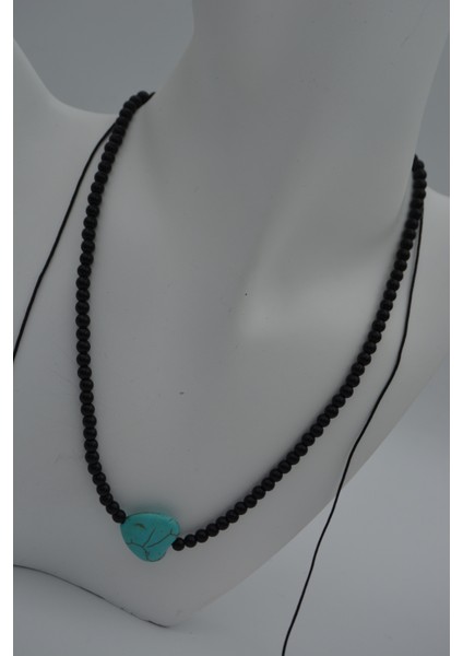 Jewellery Kalp Turkuaz ve Oniks Taşlı Metalsiz Kolye