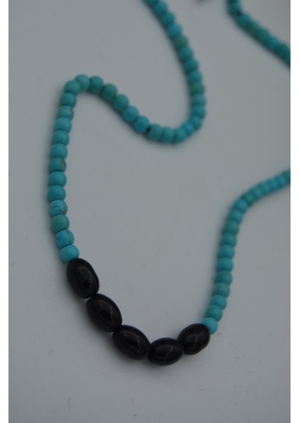 Jewellery Arpa Oniks ve Turkuaz Taşlı Metalsiz Kolye