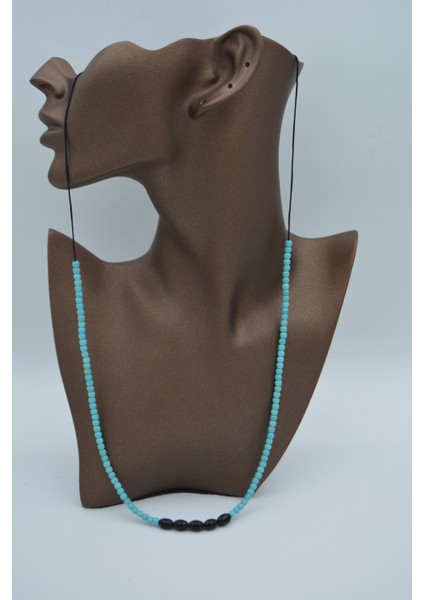 Jewellery Arpa Oniks ve Turkuaz Taşlı Metalsiz Kolye