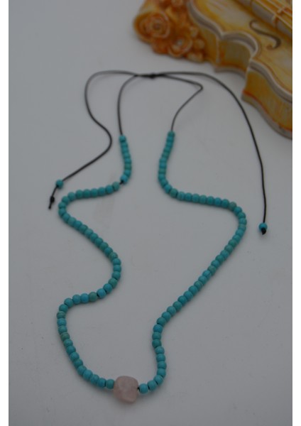 Jewellery Pembe Kuvars ve Turkuaz Taşlı Metalsiz Kolye
