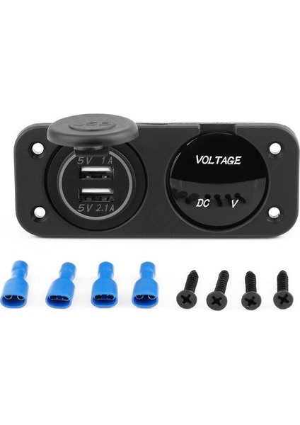 Fu 12-24V Çift Usb Araç Şarj Adaptörü Mavi Led Voltmetre Araba Tekne Deniz Paneli - Siyah (Yurt Dışından)