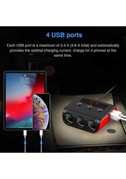 Araç Adaptörü, 4 Usb Bağlantı Noktalı Ve 3 Soketli 100W 12V/24V Araç Şarj Cihazı, Güç Dağıtıcı, Açma/Kapama Anahtarı Ve Voltaj Göstergesi--Kırmızı (Yurt Dışından) fırsatları