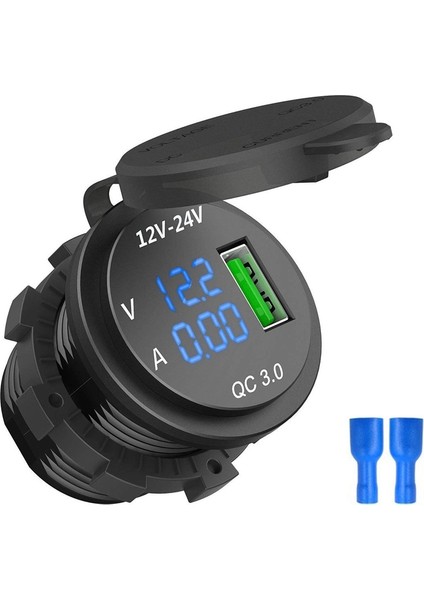 12V / 24V Hızlı Şarj 3.0 Araba Ette Soket Usb Şarj Cihazı Led Voltmetre Ampermetre Siyah & Mavi (Yurt Dışından)