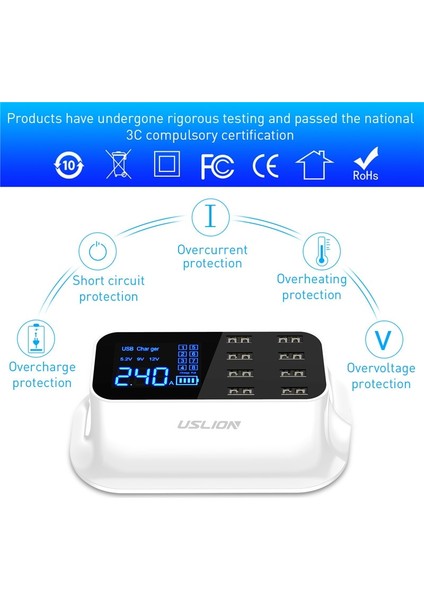 Uslıon 8 Port Usb Şarj Led Ekran Hızlı Şarj Hızlı Şarj Adaptörü İphone Uyumlu Tablet İpad Samsung Xiaomi Huawei Eu Uk (Yurt Dışından) modelleri