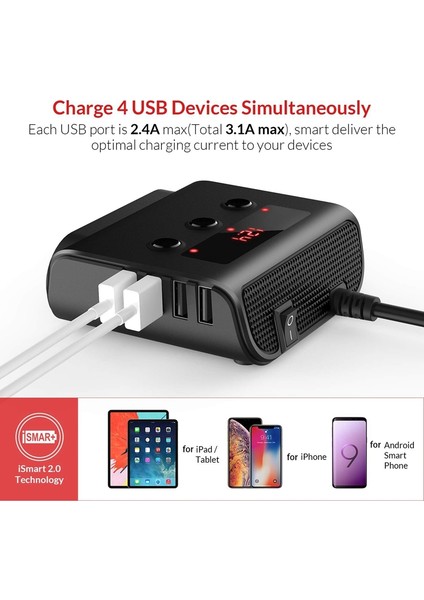 Araç Adaptörü, 4 Usb Bağlantı Noktalı Ve 3 Soketli 100W 12V/24V Araç Şarj Cihazı, Güç Dağıtıcı, Açma/Kapama Anahtarı Ve Voltaj Göstergesi-Siyah (Yurt Dışından) fırsatları