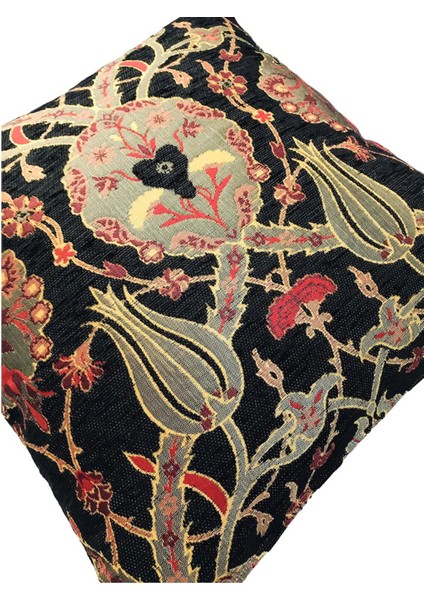 Osmanlı Lale Desenli Siyah Kırlent Kılıfı 45 cm x 45 cm