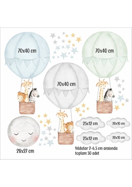 Sevimli Hayvanlı Mavi Gri Mint Uçan Balonlar Duvar Sticker Seti