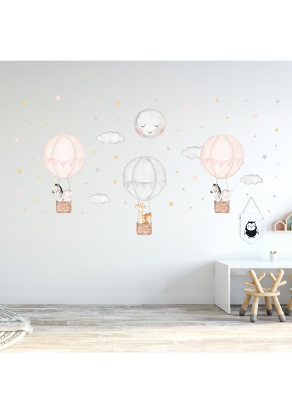 Sevimli Hayvanlı Pembe Gri Uçan Balonlar Duvar Sticker Seti