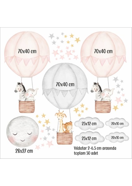 Sevimli Hayvanlı Pembe Gri Uçan Balonlar Duvar Sticker Seti