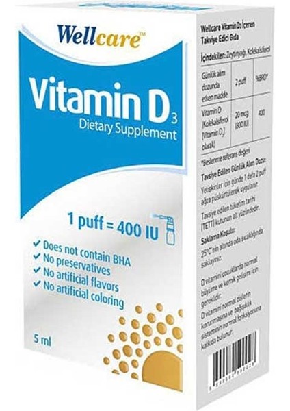 Vitamin D3 Içeren Diyet Takviyesi 5 Ml 1 Fıs 400 Iu