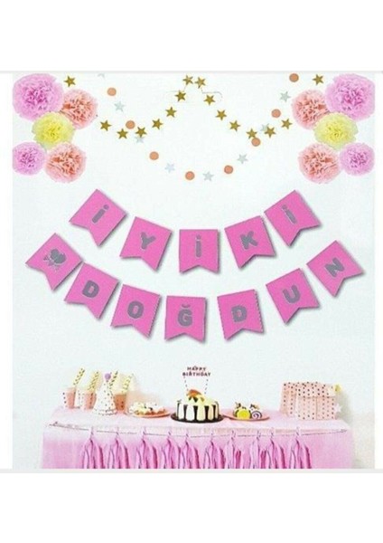 Flama Karton Bayrak Iyiki Doğdun Yazılı Flama Bayrak Set-Pembe Zemin Gümüş Renk Yazılı