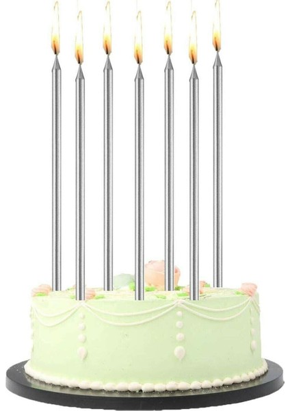 6 Adet Uzun Ince Gümüş Parlak Pasta Mumu Mum Altlığı 20 cm