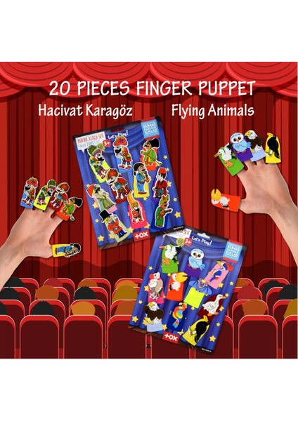 2 Set - 20 Parça Tox Hacivat Karagöz ve Uçan Hayvanlar Parmak Kukla T224 T222