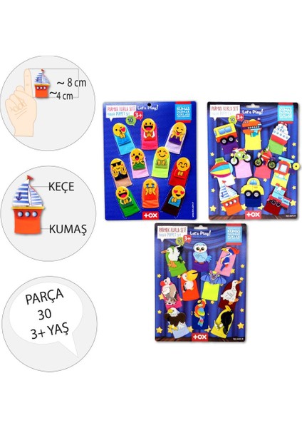 3 Set - 30 Parça Tox Taşıtlar, Emojiler ve Uçan Hayvanlar Parmak Kukla T181 T106 T222