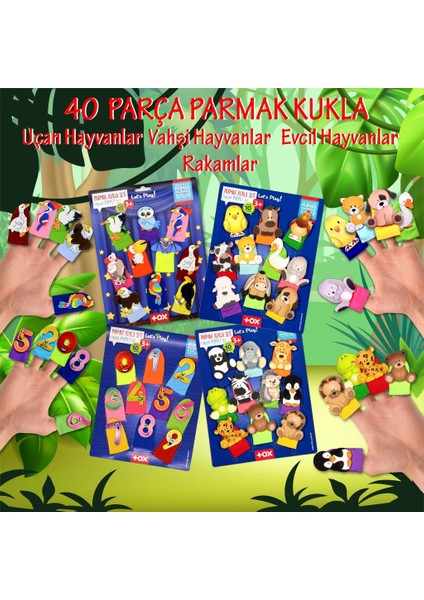 4 Set - 40 Parça Tox Rakamlar, Uçan, Evcil ve Vahşi Hayvanlar Parmak Kukla T77-1 T78-1 T222 T64