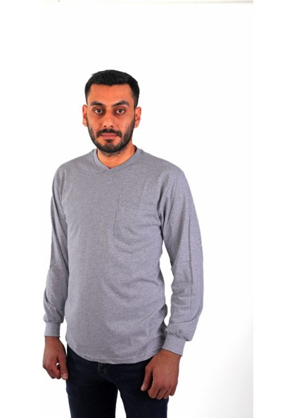 Eserıs V Yaka Uzun Kol Penye Iş Tişörtü Cepli Gri