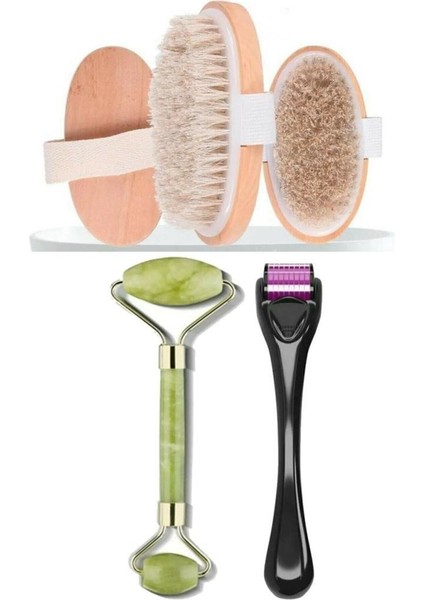 0 3'lü Set At Kılı Fırçası + Dermaroller Titanyum 0.5 mm +Yeşim Taşı Masaj Aleti Mujgan