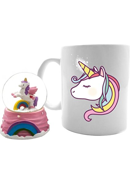 Sevimli Unicorn Mini Kar Küresi & Unicorn Tasarım Kupa Hediye Seti