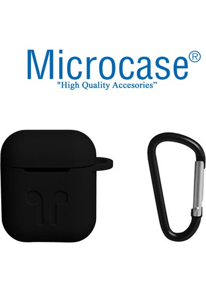 Airpods Kulaklık ve Şarj Ünitesi Için Silikon Kılıf + Kulaklık Askılık + Çengel - Siyah