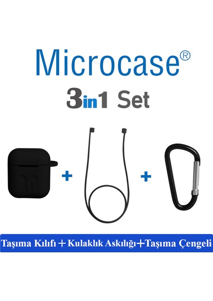 Airpods Kulaklık ve Şarj Ünitesi Için Silikon Kılıf + Kulaklık Askılık + Çengel - Siyah