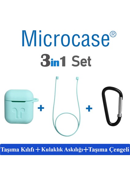 Airpods Kulaklık ve Şarj Ünitesi Için Silikon Kılıf + Kulaklık Askılık + Çengel - Turkuaz fırsatları