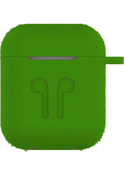 Airpods Kulaklık ve Şarj Ünitesi Için Silikon Kılıf + Kulaklık Askılık + Çengel-Koyu Yeşil