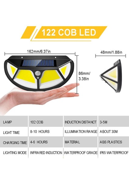 122 Ledli Solar Güneş Enerjili Bahçe Lambası Hareket Sensörlü Şarj Olabilen Cob Led Oval