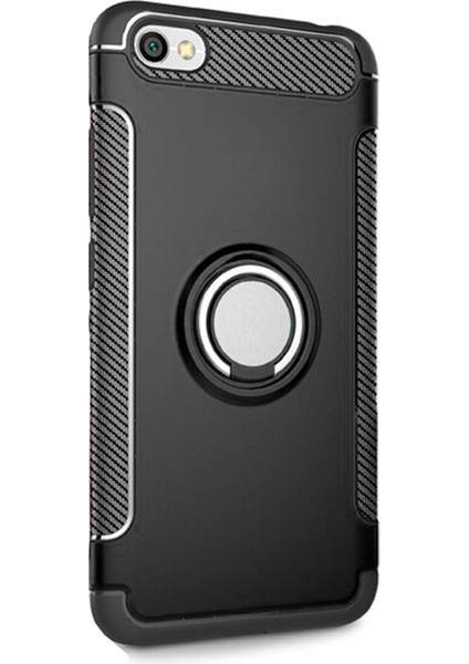 Xiaomi Redmi Note 5A - Note 5A Prime Yüzük Standlı Armor Silikon Kılıf - Siyah