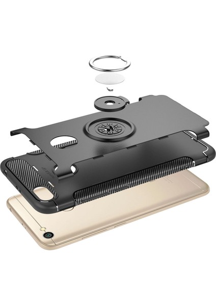 Xiaomi Redmi Note 5A - Note 5A Prime Yüzük Standlı Armor Silikon Kılıf - Siyah