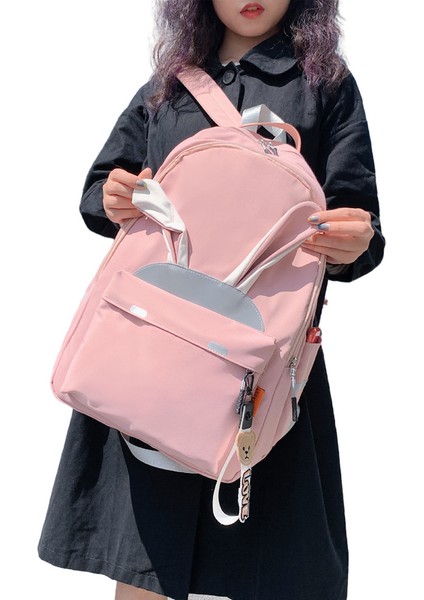 Kontrast Renkli Unisex Okul Sırt Çantası-Pembe