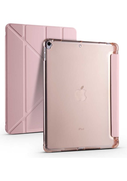 Apple iPad 10.2 (8.Nesil) Kılıf Kalem Bölmeli Tri Folding Smart Standlı Pu Deri Arkası Yumuşak Silikon 360 Tam Koruma Rose Gold