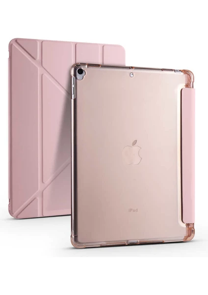 Case 4U Apple iPad 10.2 (8.Nesil) Kılıf Kalem Bölmeli Tri Folding Smart Standlı Pu Deri Arkası Yumuşak Silikon 360 Tam Koruma Rose Gold