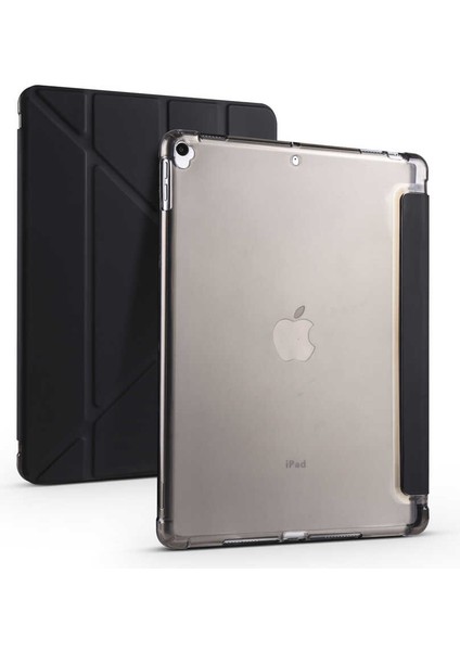 Apple iPad 10.2 (8.Nesil) Kılıf Kalem Bölmeli Tri Folding Smart Standlı Pu Deri Arkası Yumuşak Silikon 360 Tam Koruma Siyah