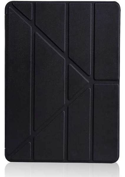 Apple iPad 5 Air Kılıf Kalem Bölmeli Tri Folding Smart Standlı Pu Deri Arkası Yumuşak Silikon 360 Tam Koruma Siyah