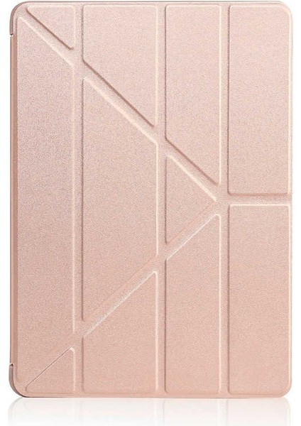 Apple iPad 5 Air Kılıf Kalem Bölmeli Tri Folding Smart Standlı Pu Deri Arkası Yumuşak Silikon 360 Tam Koruma Gold