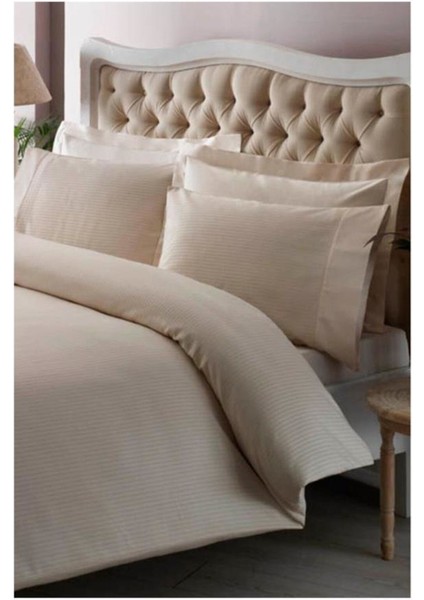 Çift Kişilik Premium Basic Stripe Saten Nevresim Takımı Krem