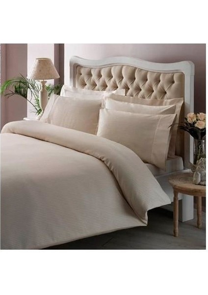 Çift Kişilik Premium Basic Stripe Saten Nevresim Takımı Krem