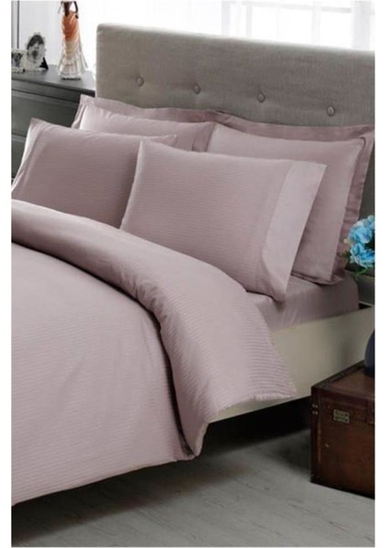 Çift Kişilik Premium Basic Stripe Saten Nevresim Takımı Lila