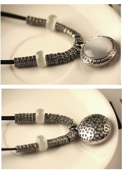Opal Taşlı Kolye Vintage Collier Deri Örme Halat Zincir