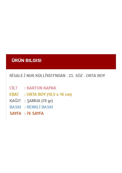 Yirmiüçüncü Söz (Orta Boy) fiyatları