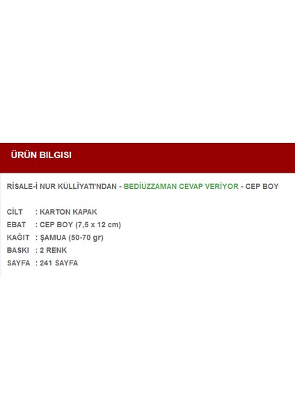 Bediüzzaman Cevap Veriyor (Cep Boy) fiyatları