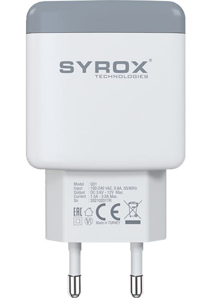 Q31 Hızlı Şarj Adaptörü (Başlık) 3.0A 18W Beyaz