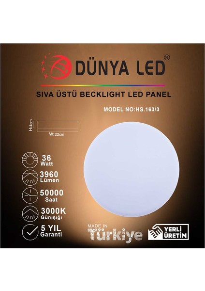 Dünya LED 36W Sıva Üstü Backlight LED Panel