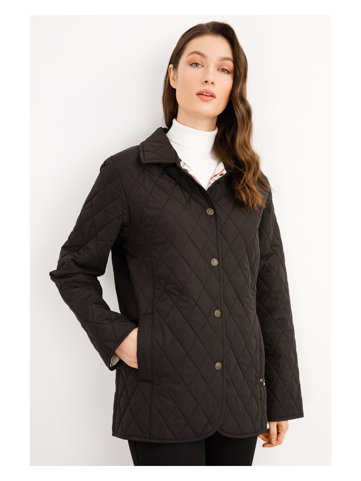 Desen Triko Kadın Kapitone Araboy Ceket 1-6 Siyah