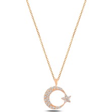 Osmanlı Gümüş Zirkon Taşlı Rose Ay Yıldız Model 3 Kadın Gümüş Kolye Gklayyldzm6-Ros