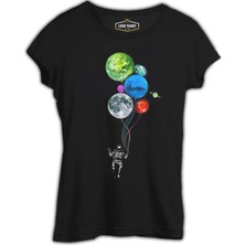 Lordd T-Shirt  Gezegenler - Astronot Siyah Kadın T-Shirt