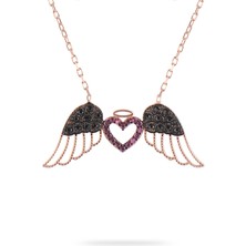 Osmanlı Gümüş Rose Melek Kanatlı Siyah ve Pembe Zirkon Taşlı 925 Ayar Gümüş Kadın Kolye
